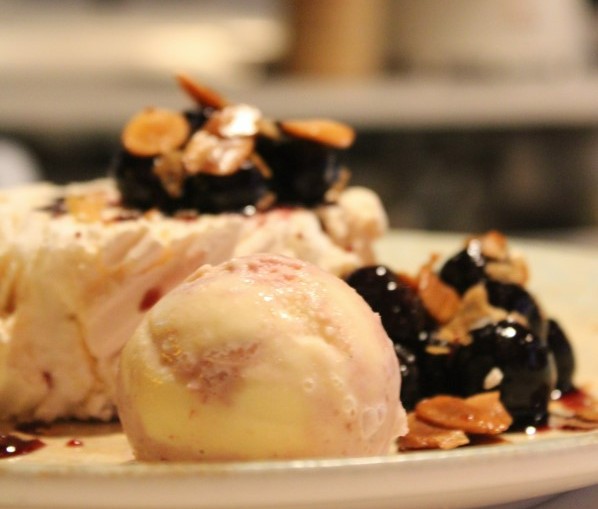 Meringue and cherry dessert at Bazaar restaurant