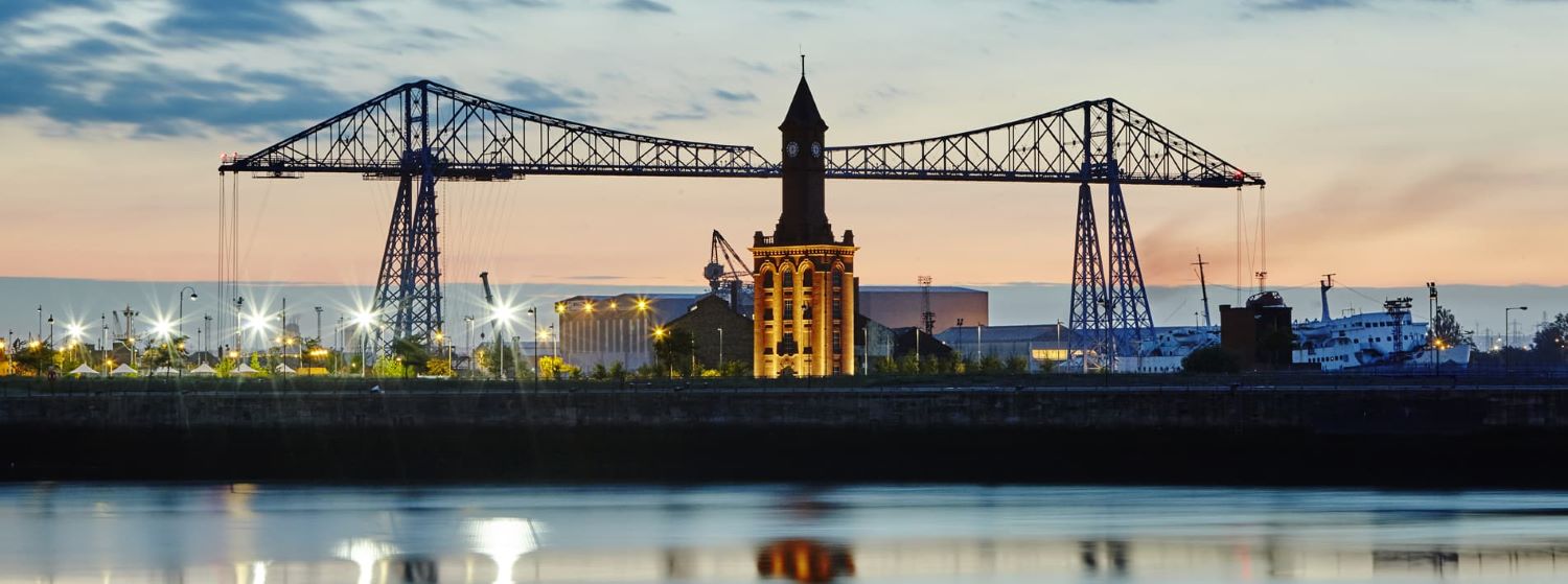 Middlesbrough skyline with the clocktower and transporter bridge and port in the background