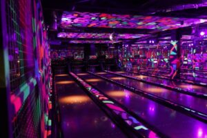 Bowling alleys covered in neon markings