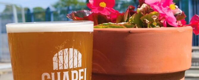 A sunny beer garden with a delicious refreshing pint and some summer flowers