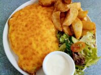 One of the best parmos in Middlesbrough with chips and salad from Hungry Monk at Chapel