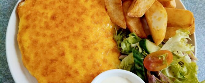One of the best parmos in Middlesbrough with chips and salad from Hungry Monk at Chapel