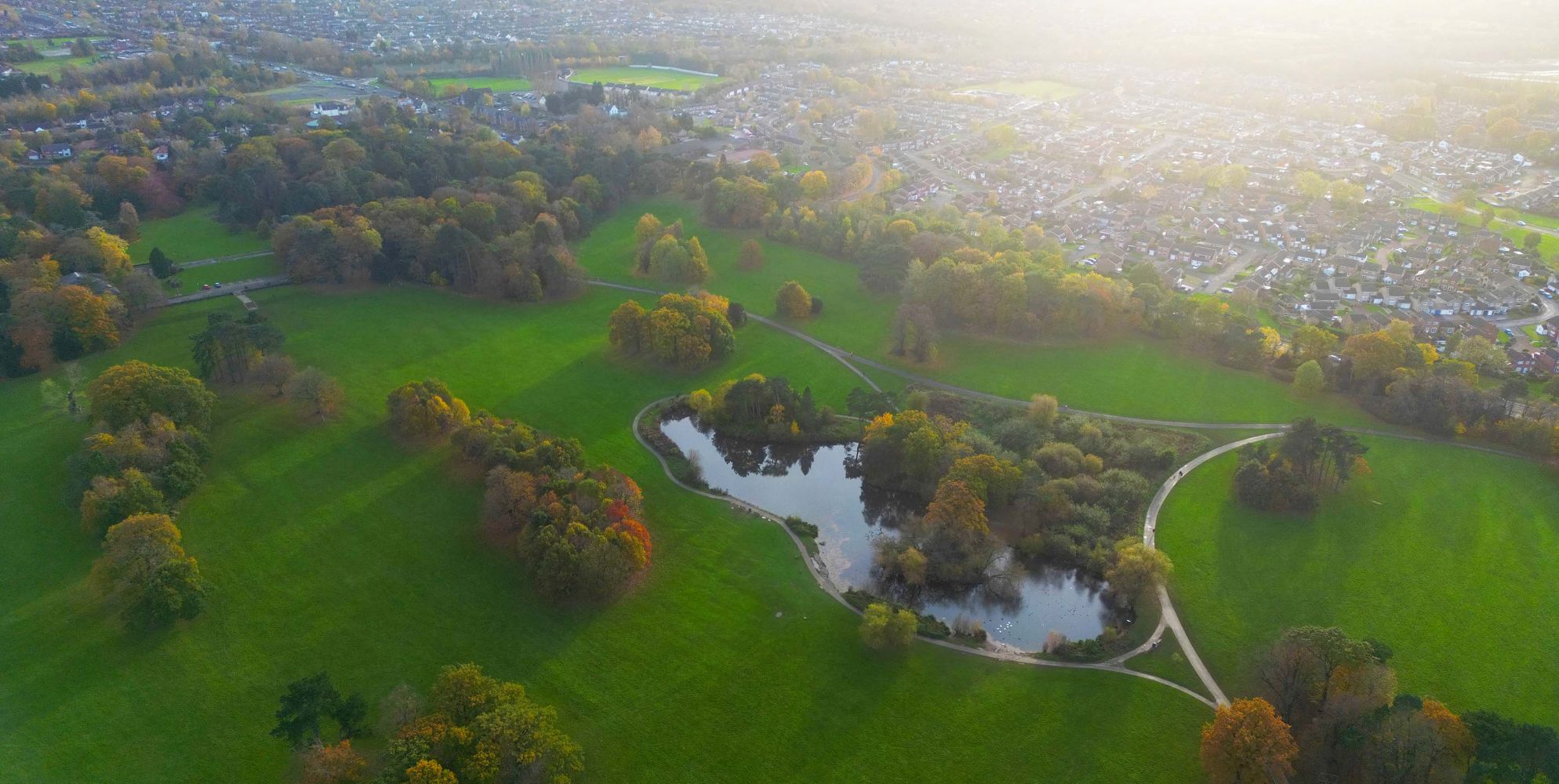 aerial view of Stewart Park pond and green
