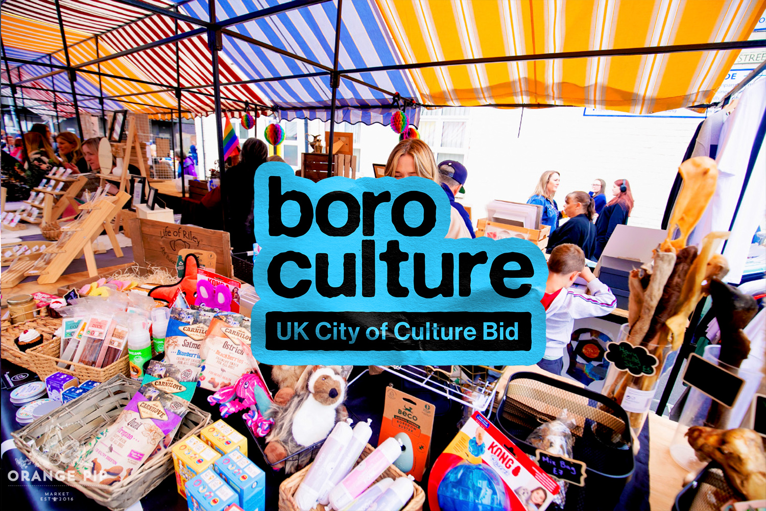 Boro Culture orange pip stalls with logo