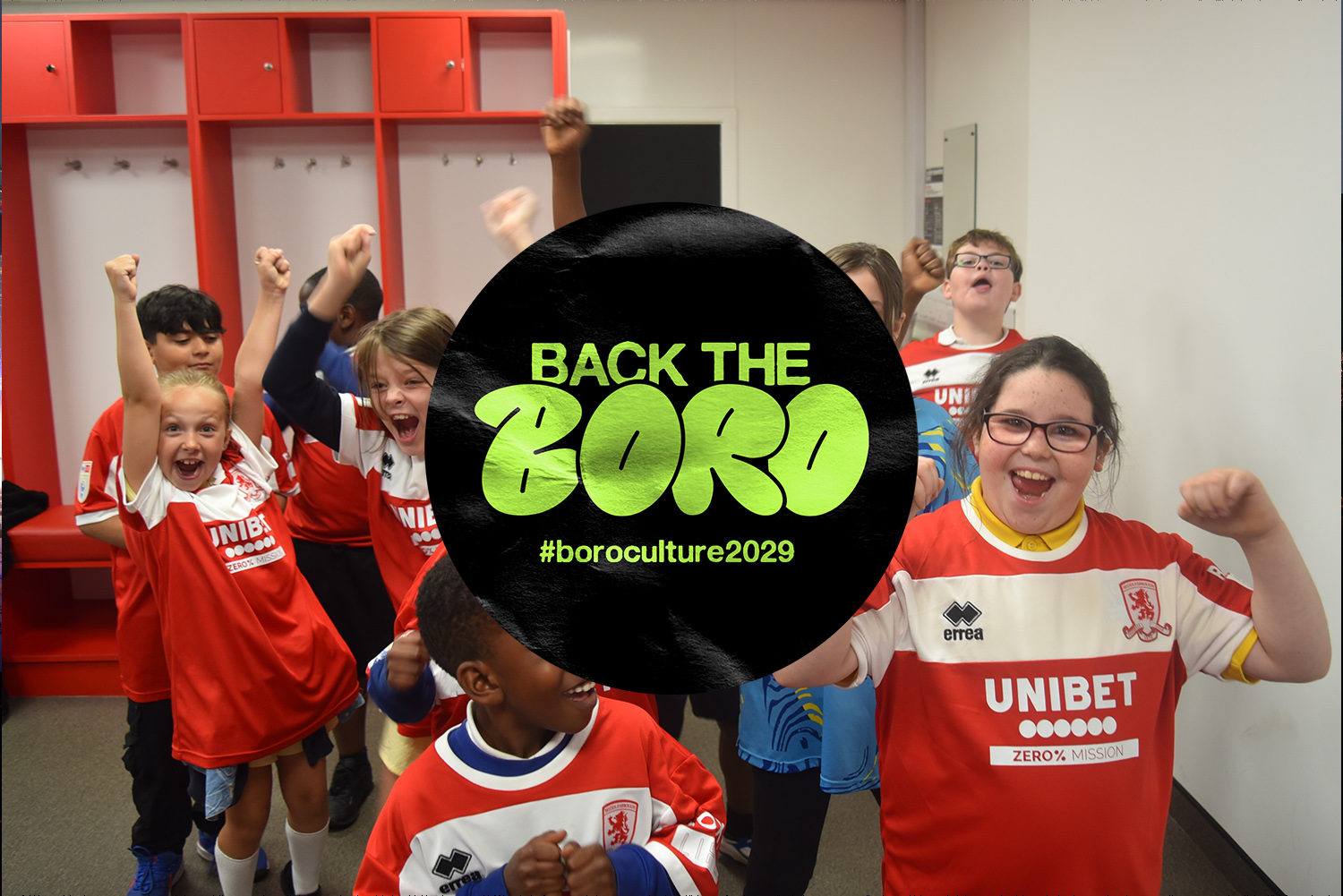 Boro Culture school children in middlesbrough football club strips back the boro logo